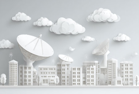 A paper art cityscape featuring a satellite dish and apartment buildings against a light gray backdrop. The composition showcases a minimalist style with white clouds and structures, creating a clean aesthetic. The overhead lighting and neutral tones suggest a versatile visual suitable for various commercial uses.の素材