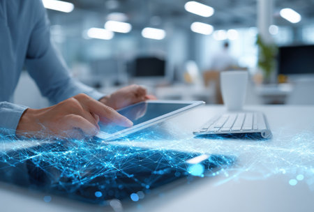 A person interacts with a tablet device, fingers touching the screen. The scene features a modern office setting, characterized by a white desk. Digital data streams overlay the image, showcasing visual representations of technology. This image could serve various commercial applications.の素材