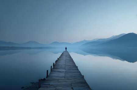 A person stands at the end of a wooden pier extending over calm water, with mountain silhouettes in the distance. The cool-toned image features a minimalist style with shades of blue. The composition focuses on symmetry and linear perspective under soft lighting, suitable for various uses.の素材