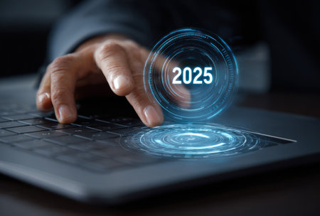 A hand interacts with a glowing digital interface showcasing the year 2025 above a laptop keyboard. The image displays shades of blue against a dark background, possibly indoors. The composition utilizes a close-up perspective, highlighting the technological concept. Suitable for illustrating innovation, future trends, and digital transformation.の素材