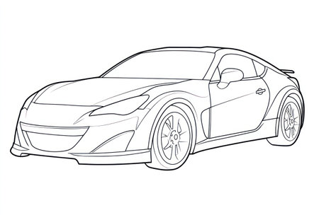 This black and white illustration showcases a detailed outline of a sleek sports car. The image displays the vehicle's design features, including headlights, wheels, and aerodynamic contours. The artwork is rendered in a minimalist style, suggesting potential uses in design projects, technical diagrams, and commercial applications. The car is depicted on a plain white backdrop.の素材