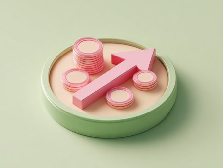 An image showcases a conceptual financial model. A pink arrow points upwards, overlaid on a green circular frame holding coin stacks. The composition uses soft colors with even lighting, suggesting growth. It is suitable for commercial use in finance-related publications, presentations, or digital media content.の素材