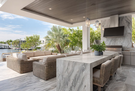 An outdoor patio features a seating area with a sofa and an elegant marble countertop. The scene is bathed in bright sunlight, emphasizing the light colors and modern design. The composition invites a sense of leisure and relaxation, suitable for commercial or lifestyle applications.の素材