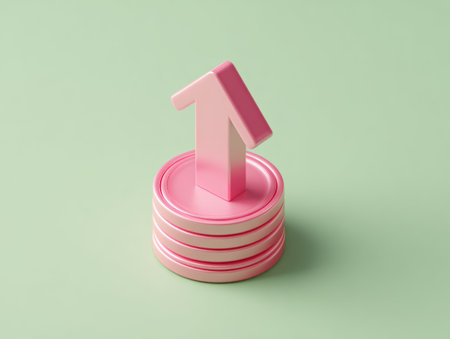 A pink arrow pointing upwards sits atop a stack of pink coins against a soft green background. The image features a minimalist style with clean lines and smooth surfaces. The composition is centered, and the lighting is even. This visual could be used in various commercial or editorial applications.の素材