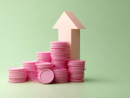 Stacks of pink coins are arranged in ascending order, topped with a pale arrow against a light green backdrop. The scene uses a clean, minimalist style with soft lighting. This composition likely symbolizes progress and financial growth. Suitable for use in a variety of visual communication projects.の素材