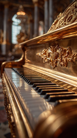 A close-up view presents an opulent golden piano, emphasizing its intricate details and keyboard. The instrument's ornate design, possibly crafted from gilded materials, is prominent. Soft lighting and warm tones suggest an interior setting, perhaps a concert hall. This image may be suitable for music, arts, or luxury-themed projects.の素材