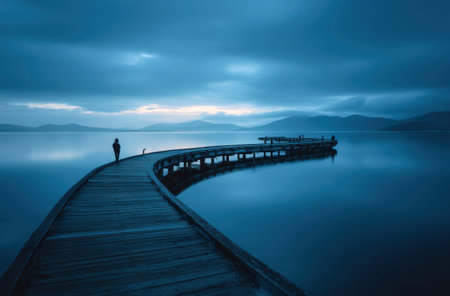 A solitary figure stands on a curving wooden pier, extending into calm waters under a dramatic, overcast sky. The image features cool tones with soft textures and a minimalist composition. The scene suggests contemplation and tranquility, suitable for various editorial and commercial applications.の素材
