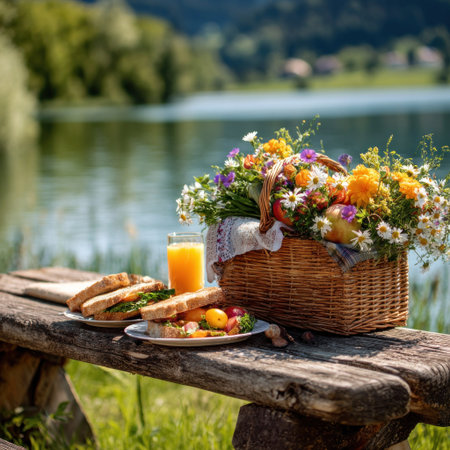 A picnic basket overflowing with colorful flowers sits on a rustic wooden bench, next to sandwiches and a glass of juice. The scene is illuminated by natural light, the background featuring a serene lake and lush greenery. This tranquil setting is ideal for editorial content or commercial applications related to leisure and food.の素材