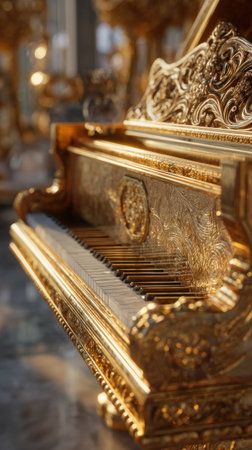 An exquisite golden piano dominates the frame, showcasing detailed carvings and a reflective surface. Its keys suggest a ready instrument, while the composition emphasizes luxury and musical expression. The lighting is soft and warm, hinting at an indoor setting with potential uses in advertising or editorial design.の素材