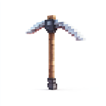 A digital illustration presents a pixelated pickaxe against a blank backdrop. The tool features a wooden handle and a metallic head, showcasing a retro pixel art style. This image is suitable for various applications, including digital art, game design, and commercial illustrations.の素材