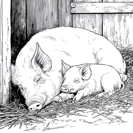 An illustration depicts a pig and a piglet resting peacefully. The image features a monochromatic style with detailed lines, showcasing textures. The composition focuses on the subjects with hay as a bed. This visual may suit various editorial or commercial applications.の素材
