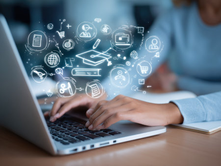 A person is using a laptop, with illuminated icons representing education and online learning concepts overlaid. The image features a shallow depth of field, with soft focus on the background. Colors are muted, with a focus on blues and whites. This image can be suitable for a variety of editorial or commercial purposes related to technology and learning.の素材