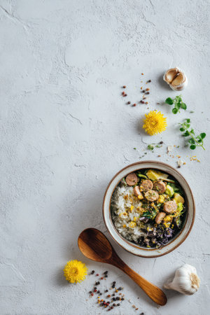 An overhead shot presents a food bowl filled with prepared ingredients alongside a wooden spoon. The composition displays a variety of colors, textures, and details with flowers and herbs against a light-colored, textured backdrop. Suitable for editorial and commercial applications. The scene implies a focus on healthy eating.の素材