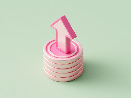 A pink arrow pointing upwards sits atop a stack of coins. The image features a minimalist style with a soft pastel color palette. It has a high-angle composition with clean lighting, providing a clear visual message. It's suitable for various financial or business-related visual projects.の素材