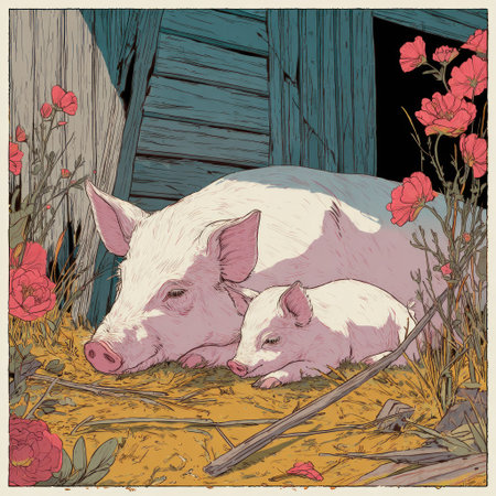 A pig and its piglet are depicted resting in a rustic outdoor setting. The illustration showcases a warm color palette with a textured style. Soft lighting illuminates the subjects and surrounding foliage. The image could be suitable for various commercial or editorial applications related to agriculture or animal themes.の素材