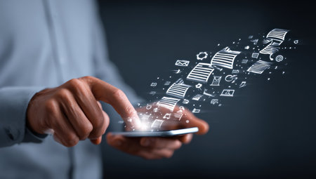 A person uses a smartphone as digital documents and icons float upwards in this conceptual illustration. The image uses a shallow depth of field against a dark background, highlighting the device and floating elements. It features a modern, clean design suitable for presentations and technology-related publications.の素材
