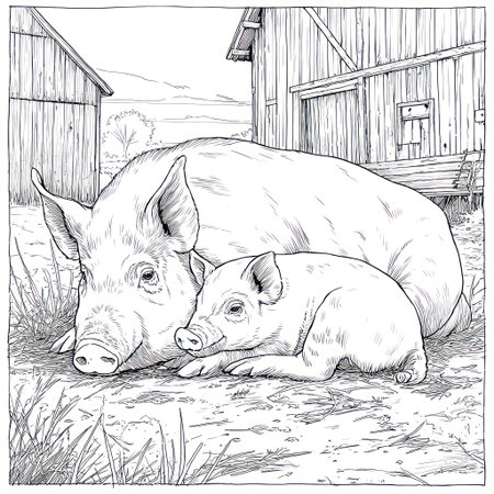 This monochrome illustration depicts a pig and its piglet resting peacefully in a rural setting. The composition showcases detailed linework, emphasizing textures and forms. The scene features barns and grass, suggesting an outdoor environment. This image could be suitable for educational materials or illustrations.の素材