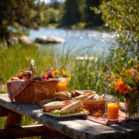 A picnic table displays a spread of food and beverages. The scene features sandwiches, fruit, and drinks. The setting is outdoors with a lake and lush greenery. The image is suitable for commercial uses related to leisure and outdoor activities.の素材