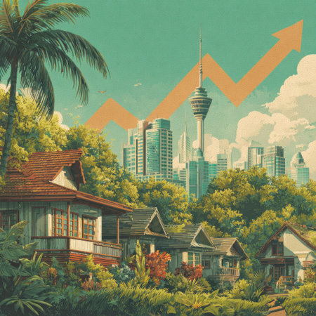 An illustration depicts residential houses set against a backdrop of a city skyline and an upward-trending arrow. The artwork showcases a vintage aesthetic, using a warm color palette with natural light. This visual composition could be used in various commercial applications related to property, finance, and investment themes.の素材