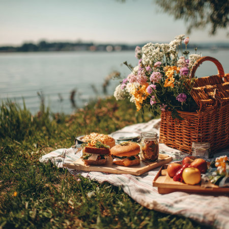 A picnic setup features sandwiches, fruit, and a basket of flowers on a checkered blanket. The composition is bright, with soft textures and natural lighting. The scene suggests a relaxing outdoor experience, possibly suitable for promotional or editorial material.の素材