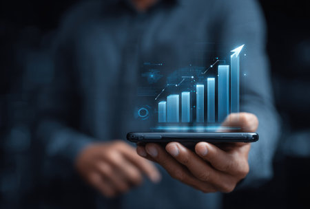 A person holds a smartphone projecting a digital bar graph illustrating growth. The image shows a close-up, focusing on the phone and hand with a blurred background. The color scheme features blues and dark tones, suggesting a business or technological context. Suitable for commercial and editorial applications related to finance and technology.の素材