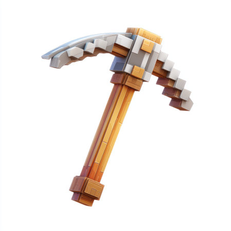 A digital illustration presents a pixelated pickaxe with a wooden handle. The tool exhibits a geometric design with a metallic head and a warm-toned wooden shaft. The item is positioned against a clean white backdrop, providing ample copy space. It is suitable for various commercial uses, including digital design and gaming applications.の素材