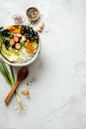 An overhead shot presents a bowl filled with a colorful array of ingredients. Fresh greens, grains, and various cooked elements are visible. The composition is set against a bright, textured background, complemented by wooden accents. This image is suitable for culinary websites, health magazines, and commercial purposes.の素材