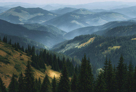 An aerial perspective showcases a vast mountain landscape dominated by layers of forested hills. The scene features a multitude of dark green evergreen trees contrasting with the blue and green tones. The soft lighting suggests a cloudy day. Ideal for editorial content, websites, or various visual projects.の素材
