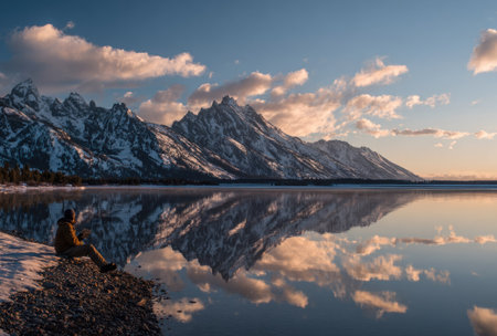 A person sits beside a tranquil lake, gazing at a majestic mountain range. The scene displays a clear reflection of the peaks and clouds on the water's surface. The composition uses cool and warm tones, with soft lighting enhancing the atmosphere. Suitable for use in a variety of visual projects.の素材