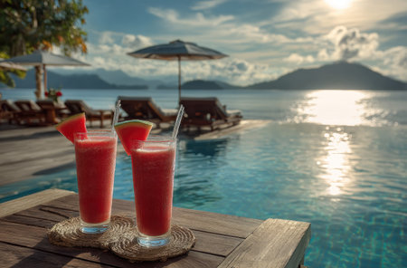 Two vibrant red drinks sit on a wooden surface, garnished with watermelon slices. The drinks are placed near a pool with a blurred ocean background and hills under a sunny sky. The overall lighting is bright, creating a sense of leisure. Ideal for commercial visuals promoting vacation or relaxation themes.の素材