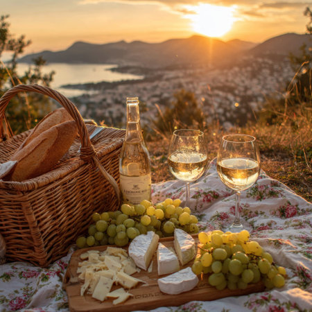 A picnic featuring wine, bread, grapes, and cheese is arranged on a flowered blanket. Two wine glasses and a bottle of white wine are present. The warm sunset casts a golden glow on the food and the distant mountain range and sea. Suitable for editorial and commercial use.の素材