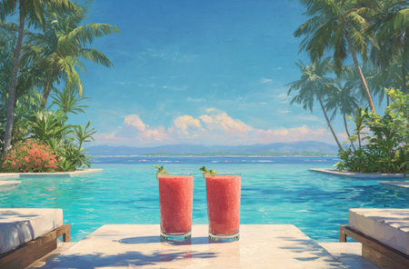 Two vibrant red beverages sit on a table, beside a swimming pool, offering a sense of relaxation. Lush green palm trees frame a tranquil ocean and bright sky. The composition showcases a peaceful atmosphere, suitable for illustrating vacation, leisure, or wellness themes in commercial applications.の素材