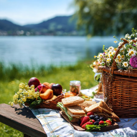 A picnic setup is displayed, featuring a wooden table laden with a basket of food, sandwiches, fresh fruits, and a bouquet of colorful flowers. The scene is illuminated by natural light, the composition capturing a serene lakeside setting, hinting at leisure and outdoor dining. This image could be utilized for editorial and commercial projects.の素材