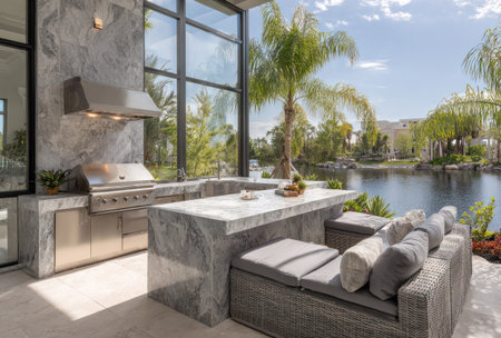 An outdoor kitchen features a grill, sink, and island with seating. A large window offers a view of a lake and tropical trees. The scene is illuminated by sunlight, with stone and metal surfaces, and a stylish seating area. This setup is suitable for editorial or commercial usage related to home design and lifestyle.の素材