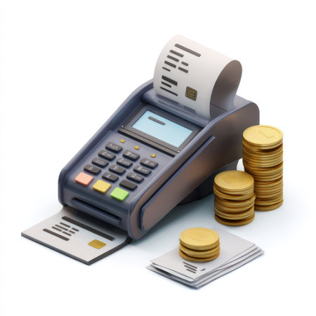 A payment terminal is featured, complete with a printed receipt, stacks of golden coins and a credit card. The composition presents a modern, simple design, with digital elements in a bright environment. Suitable for financial, business, and commercial purposes.の素材