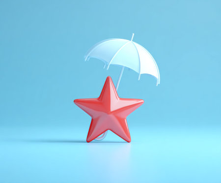 A vibrant red star is shielded by a small white umbrella against a soft blue backdrop. The image features a clean, minimalist style with smooth textures and diffused lighting. This conceptual illustration could be suitable for various commercial purposes, including marketing or editorial content.の素材