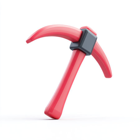 A vibrant red pickaxe is depicted against a clean white backdrop. The illustration presents a glossy, 3D render, showcasing a tool commonly associated with mining or construction. The lighting is bright and even, casting subtle shadows. This image is suitable for a variety of commercial and illustrative applications.の素材