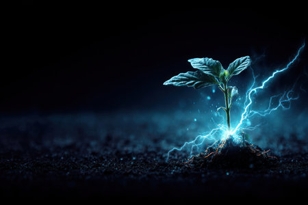 A small plant emerges from dark soil, bathed in blue and white light. Jagged electric currents surround the plant, creating a visual contrast against the dark background. The image has a dramatic style, likely digitally created for various commercial or artistic applications.の素材