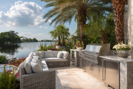 An outdoor kitchen features stainless steel appliances and a seating area with comfortable cushions. Palm trees and other greenery frame the scene, with a lake visible in the background under a bright, cloud-filled sky. This setup could be suitable for lifestyle, real estate, or hospitality content.の素材