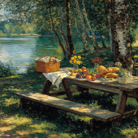 A picnic table is set near a lake, laden with fruit, bread, flowers, and a woven basket. The scene displays a rustic setting under tree cover, featuring natural light and a soft color palette. This image is suitable for various commercial uses, including lifestyle and scenic themes.の素材