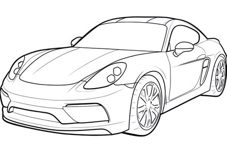 An outline illustration showcases a sleek car design, featuring smooth curves and detailed elements. The monochromatic style presents a clean look, suitable for various design applications. The image is ideal for use in automotive-related projects, offering a versatile design asset.の素材