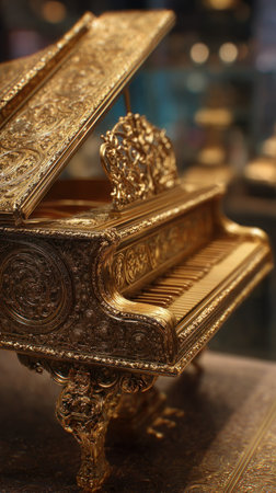 A close-up view displays a highly detailed, golden piano. The instrument features intricate carvings and a polished finish, suggesting a luxurious aesthetic. The lighting highlights the textures and curves of the design, with a blurred background. Suitable for visual projects, this image could serve various commercial or artistic uses.の素材