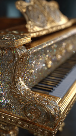 This image presents a detailed view of a richly decorated golden piano. The instrument exhibits elaborate carvings and shimmering embellishments, suggesting a luxurious aesthetic. The composition highlights the keyboard and decorative elements, likely suitable for commercial uses such as music, arts, and design projects.の素材