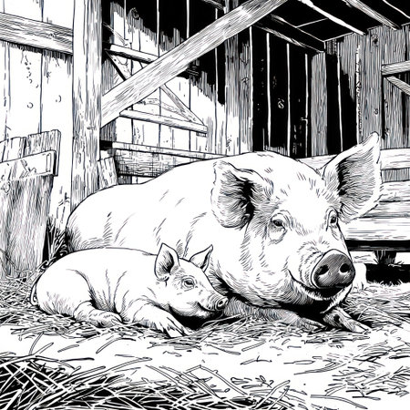 An illustration depicts a pig and a piglet resting. Rendered in monochrome, the image shows the animals in a barn setting, with details like wooden structures and straw. This graphic could be utilized in various applications, from educational materials to decorative designs, and is suitable for commercial and editorial purposes.の素材