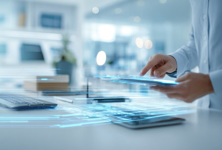 An individual interacts with a digital tablet in a modern office space. The image displays a bright, well-lit setting with blue and white tones. The composition includes a close-up of hands touching the screen, suggesting interaction with technology. Suitable for projects requiring visuals about technology, communication, or business.の素材