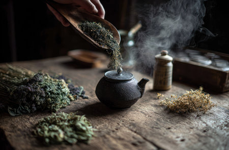 A hand pours dried tea leaves into a teapot, creating steam, atop a textured wooden table. Bundles of herbs and spices sit nearby, suggesting a brewing process. The scene uses natural lighting, highlighting the textures and details. This image is suitable for use in food, lifestyle, or wellness-related commercial projects.の素材