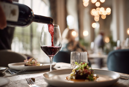 A close-up view shows red wine being poured into a clear glass, with partially visible food plates on a table. The scene is illuminated by soft lighting, suggesting an indoor restaurant setting. This image showcases rich colors and textures, potentially suitable for advertising, culinary, or lifestyle content.の素材