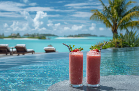 Two vibrant red smoothies are featured in front of an infinity pool with a bright blue ocean backdrop. The composition showcases a sunny day, with the drinks illuminated by natural light. This image could be suitable for promotional materials related to beverages, wellness, or leisure activities.の素材