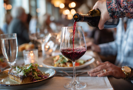A person pours red wine into a glass, captured with a close-up perspective. The image displays a table setting in a restaurant with visible food and glasses. The lighting is warm, suggesting an indoor setting. This image could be used for various commercial projects related to dining and beverages.の素材
