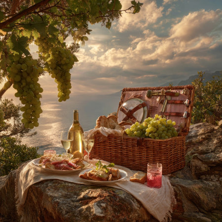 A picnic basket sits on a rock, filled with food, drinks, and utensils. Dishes with prepared food sit on a white tablecloth. The scene has natural lighting with green leaves overhead, suggesting an outdoor gathering. This image could be suitable for promotional materials, or editorial publications.の素材